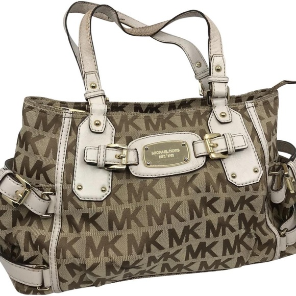 MICHAEL KORS White/Tan Jacquard Fabric Shoulder Ba - Picture 1 of 6